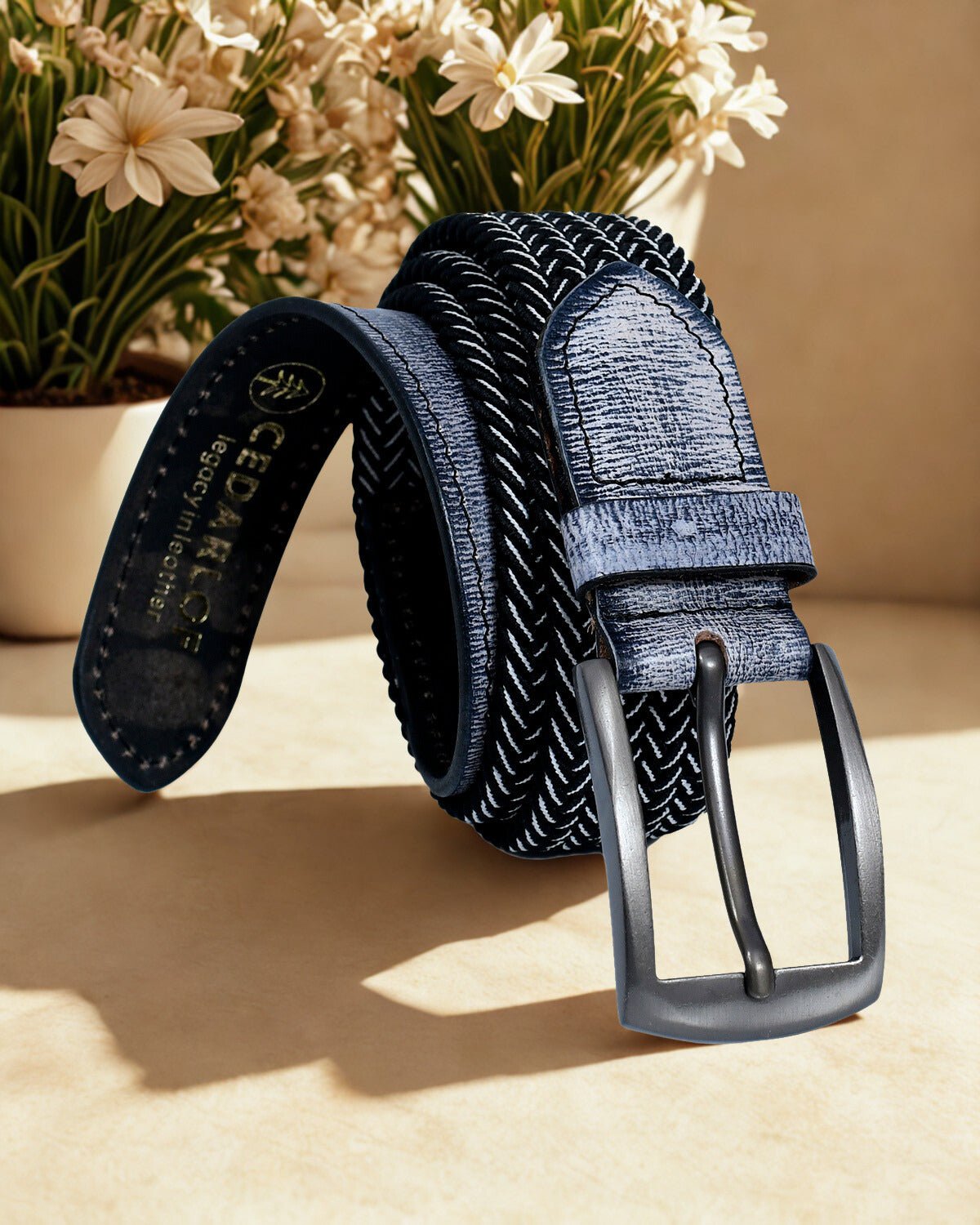 Cedarlof Premium Woven Elastic Belt for Men – Black & Grey Chevron with Genuine Leather Trim and Metal Buckle | Casual & Golf Style - CedarlofCedarlof