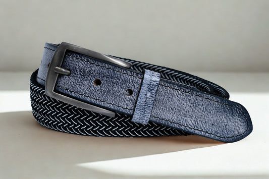 Cedarlof Premium Woven Elastic Belt for Men – Black & Grey Chevron with Genuine Leather Trim and Metal Buckle | Casual & Golf Style - CedarlofCedarlof