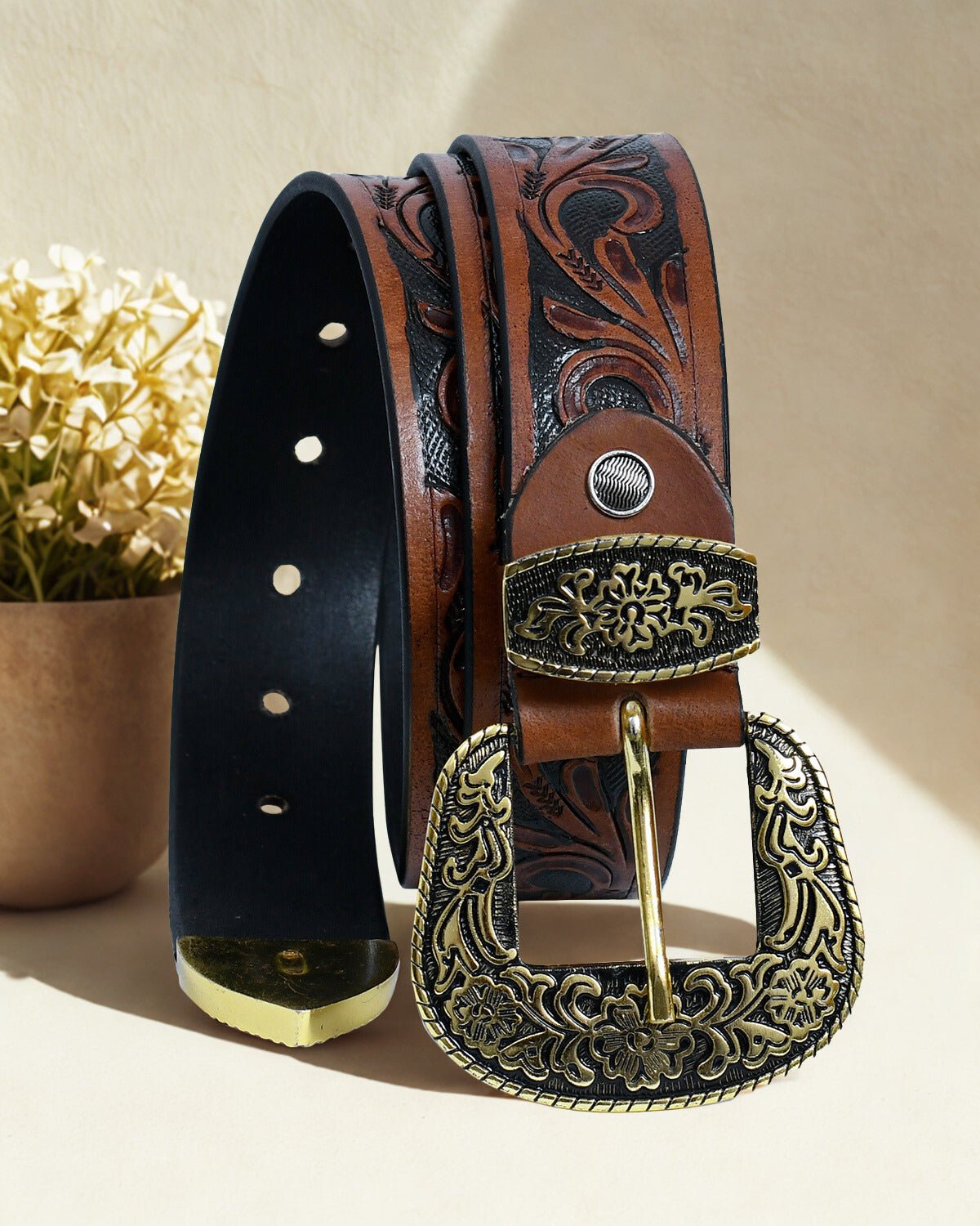 Cedarlof Western Tooled Leather Belt for Men – Genuine Leather with Hand - Carved Floral Design & Antique Gold Engraved Buckle - CedarlofCedarlof