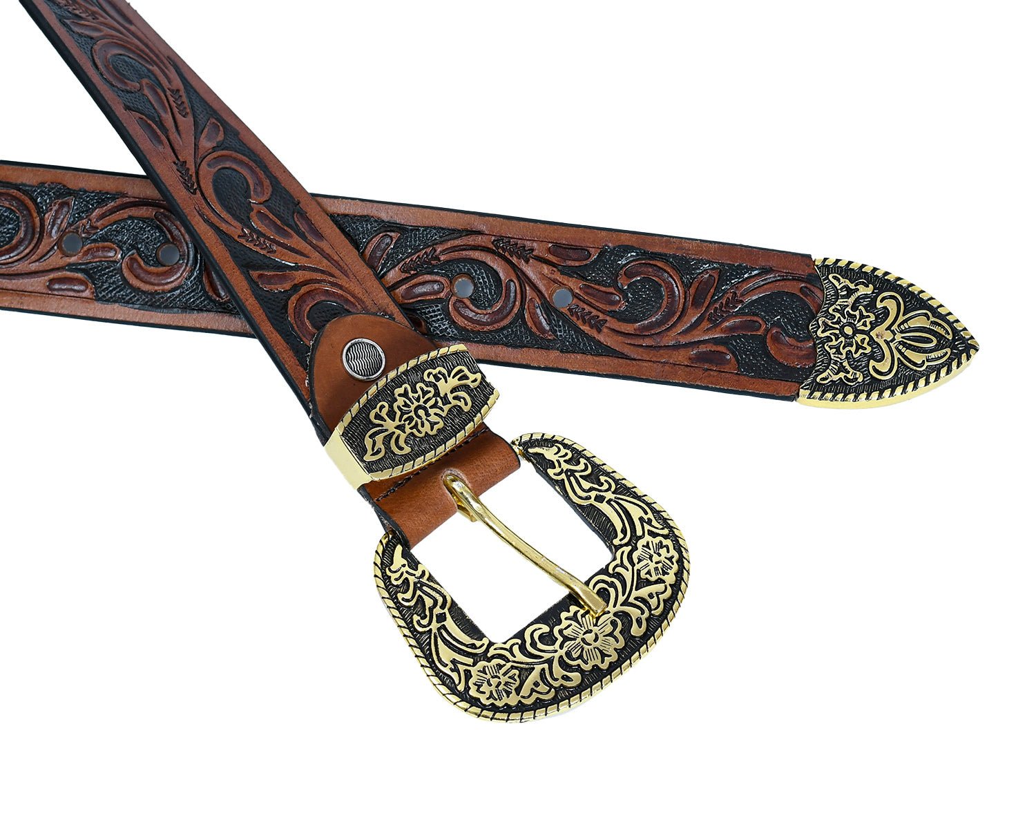 Cedarlof Western Tooled Leather Belt for Men – Genuine Leather with Hand - Carved Floral Design & Antique Gold Engraved Buckle - CedarlofCedarlof