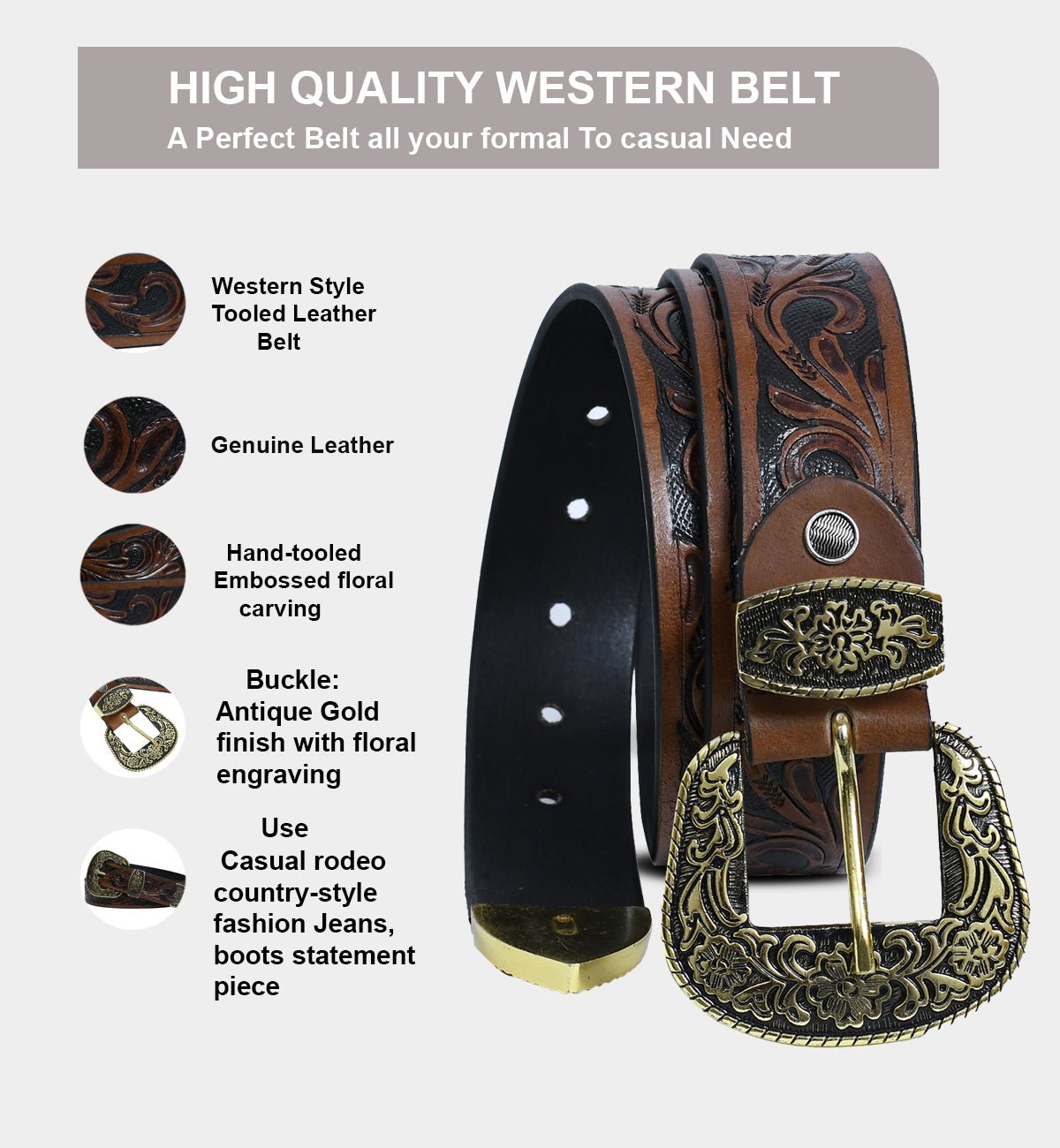 Cedarlof Western Tooled Leather Belt for Men – Genuine Leather with Hand - Carved Floral Design & Antique Gold Engraved Buckle - CedarlofCedarlof