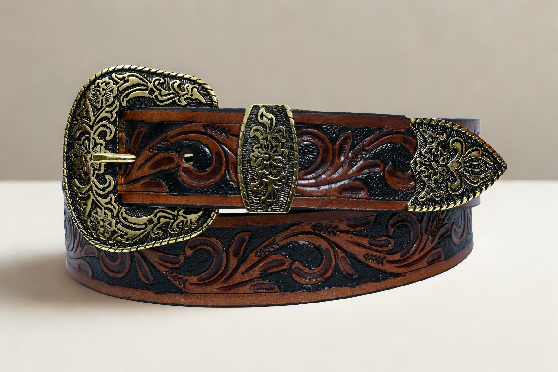Cedarlof Western Tooled Leather Belt for Men – Genuine Leather with Hand - Carved Floral Design & Antique Gold Engraved Buckle - CedarlofCedarlof