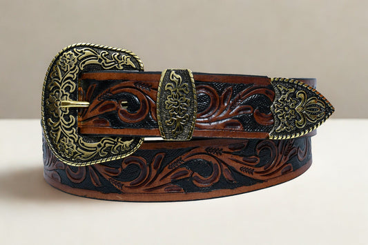 Cedarlof Western Tooled Leather Belt for Men – Genuine Leather with Hand - Carved Floral Design & Antique Gold Engraved Buckle - CedarlofCedarlof