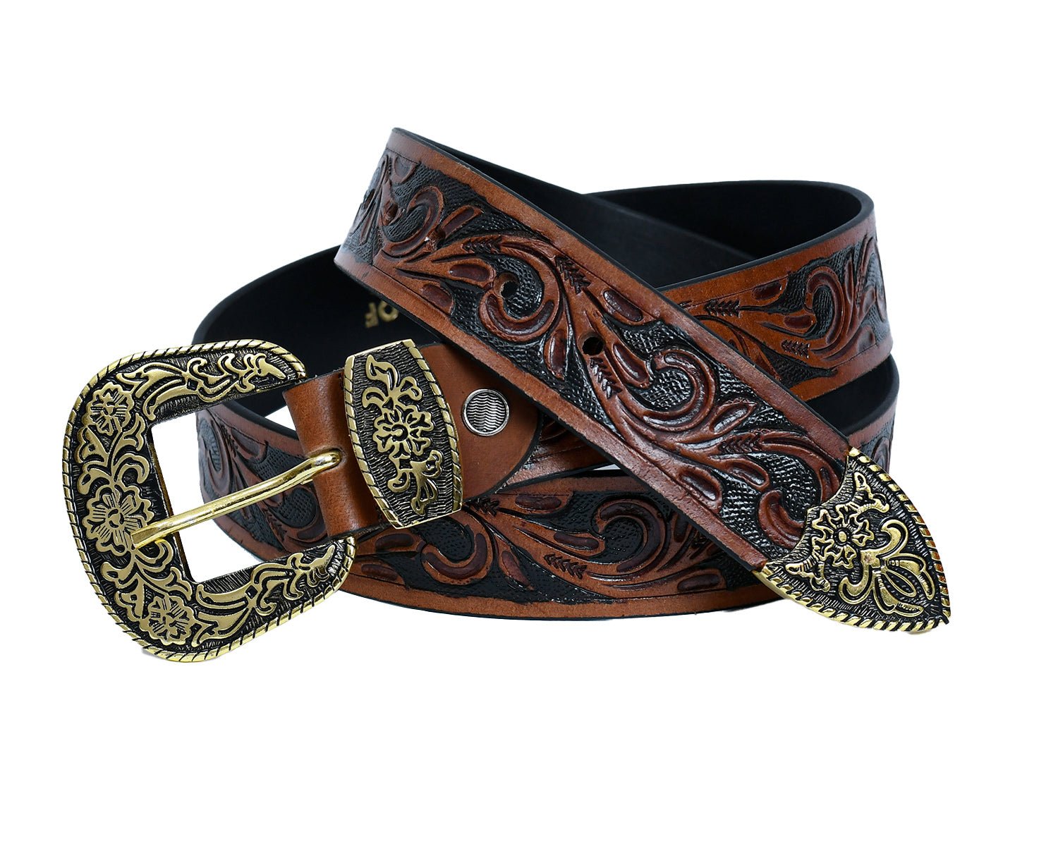 Cedarlof Western Tooled Leather Belt for Men – Genuine Leather with Hand - Carved Floral Design & Antique Gold Engraved Buckle - CedarlofCedarlof