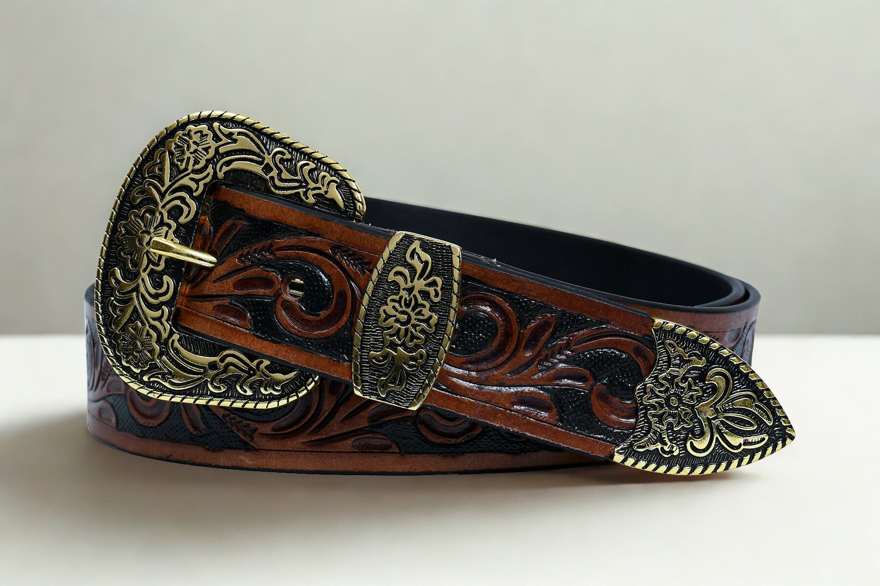 Cedarlof Western Tooled Leather Belt for Men – Genuine Leather with Hand - Carved Floral Design & Antique Gold Engraved Buckle - CedarlofCedarlof