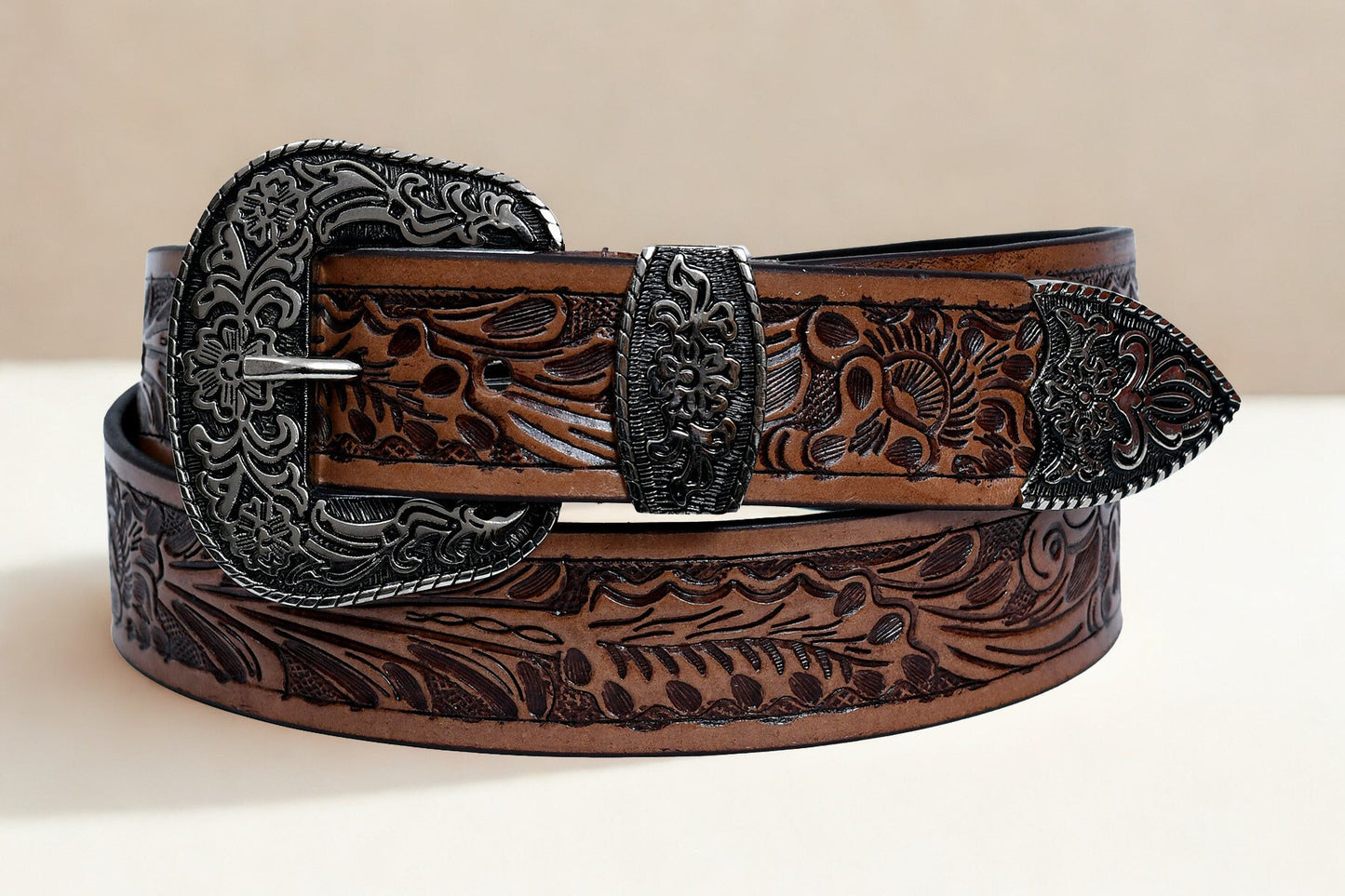 Cedarlof Western Tooled Leather Belt for Men – Genuine Leather with Hand - Carved Floral Design & Antique Silver Black Engraved Buckle - CedarlofCedarlof