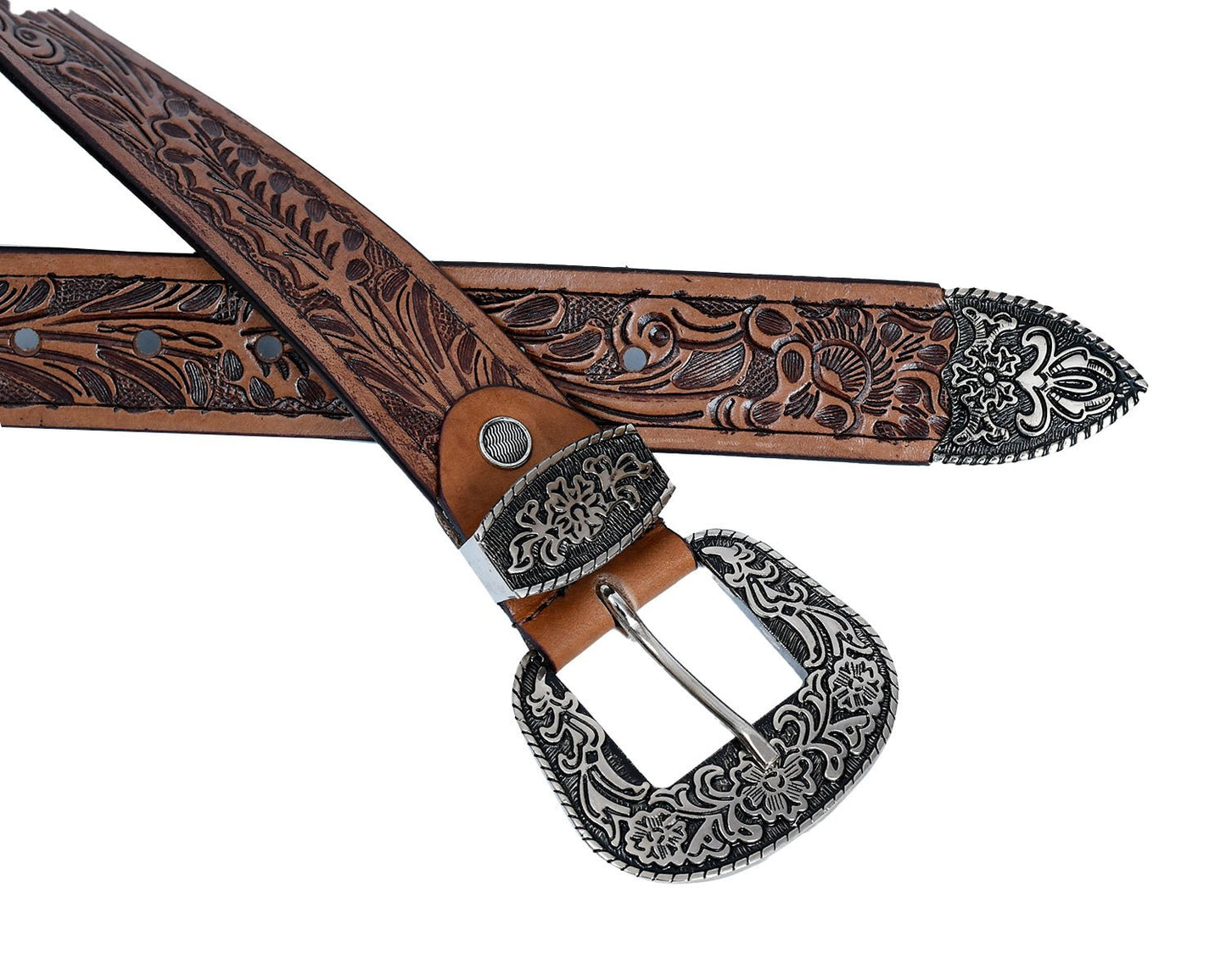 Cedarlof Western Tooled Leather Belt for Men – Genuine Leather with Hand - Carved Floral Design & Antique Silver Black Engraved Buckle - CedarlofCedarlof