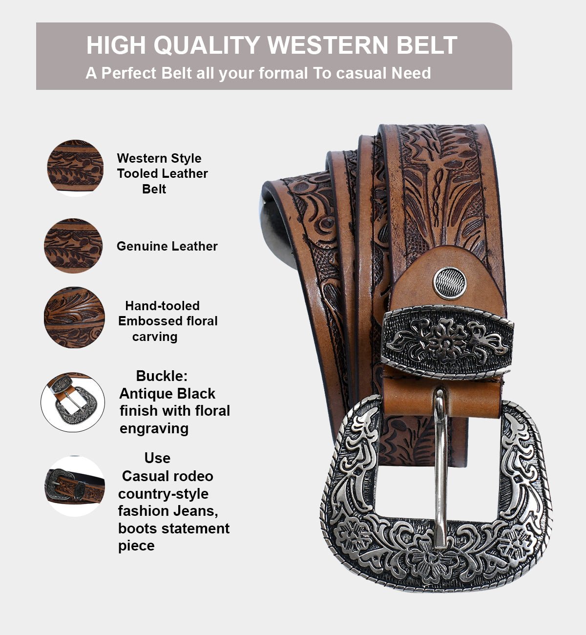 Cedarlof Western Tooled Leather Belt for Men – Genuine Leather with Hand - Carved Floral Design & Antique Silver Black Engraved Buckle - CedarlofCedarlof