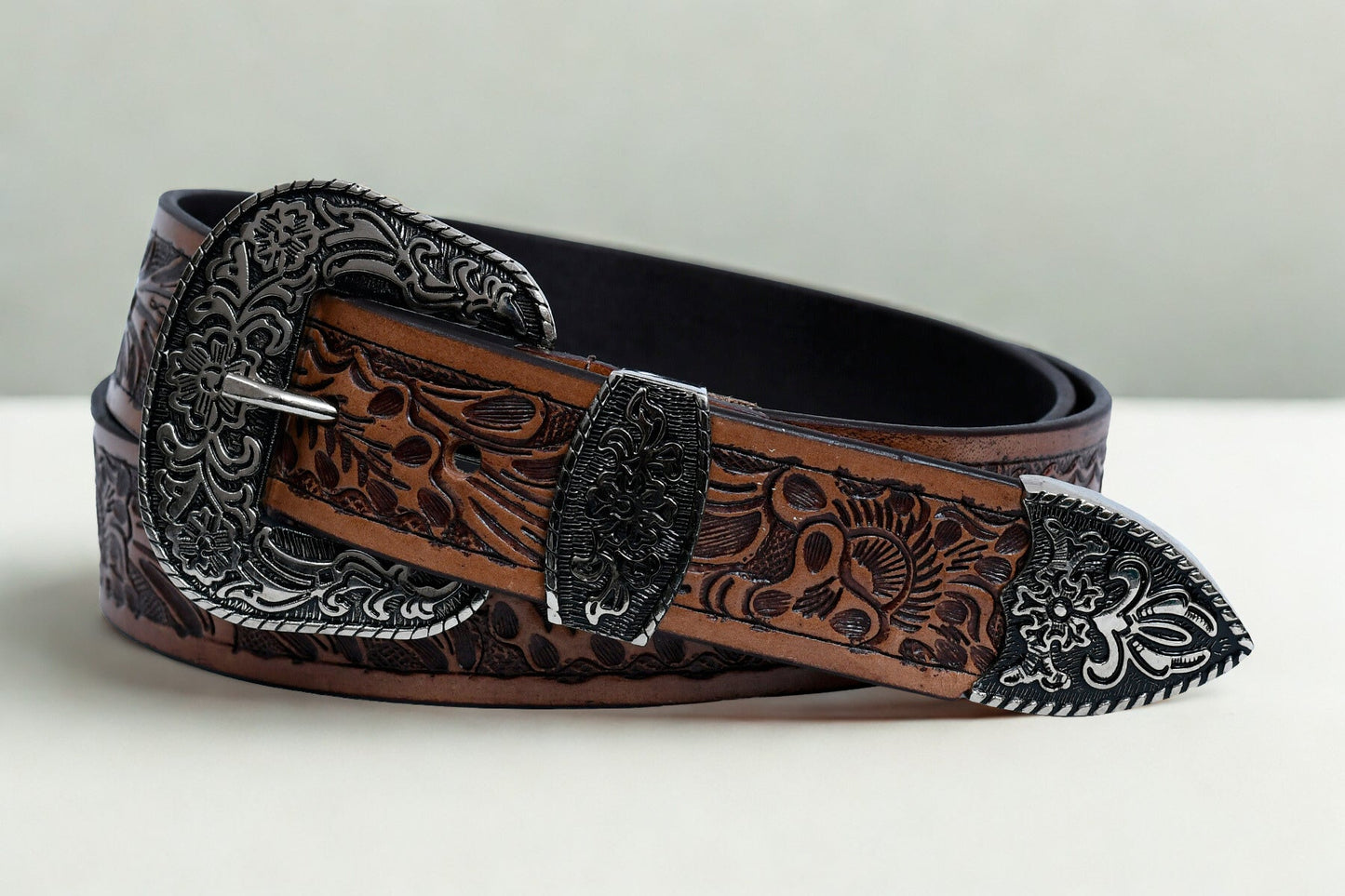 Cedarlof Western Tooled Leather Belt for Men – Genuine Leather with Hand - Carved Floral Design & Antique Silver Black Engraved Buckle - CedarlofCedarlof