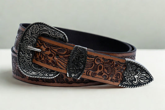 Cedarlof Western Tooled Leather Belt for Men – Genuine Leather with Hand - Carved Floral Design & Antique Silver Black Engraved Buckle - CedarlofCedarlof
