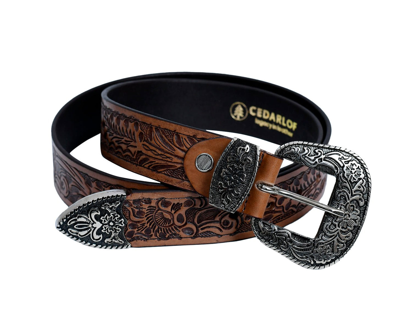 Cedarlof Western Tooled Leather Belt for Men – Genuine Leather with Hand - Carved Floral Design & Antique Silver Black Engraved Buckle - CedarlofCedarlof