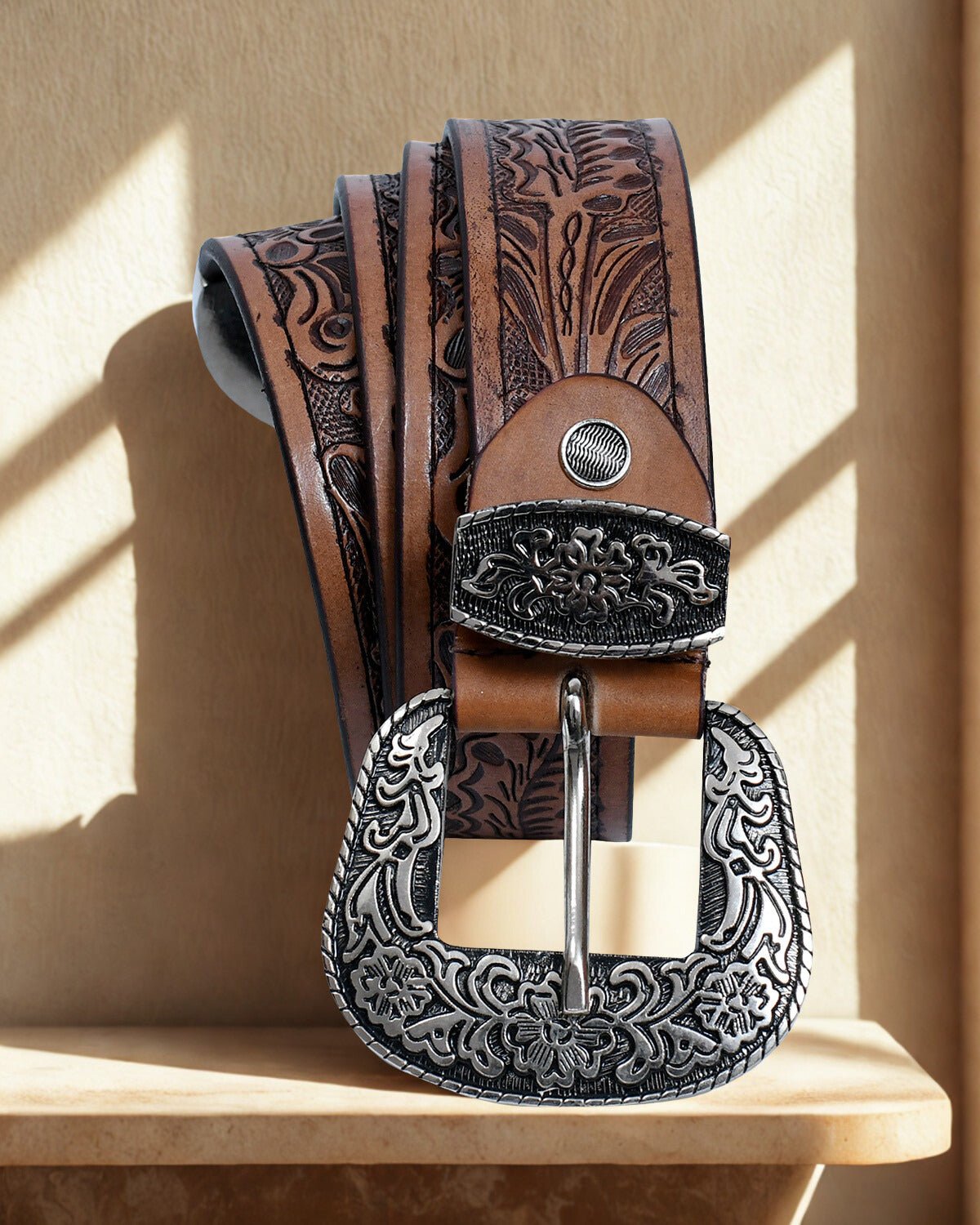 Cedarlof Western Tooled Leather Belt for Men – Genuine Leather with Hand - Carved Floral Design & Antique Silver Black Engraved Buckle - CedarlofCedarlof