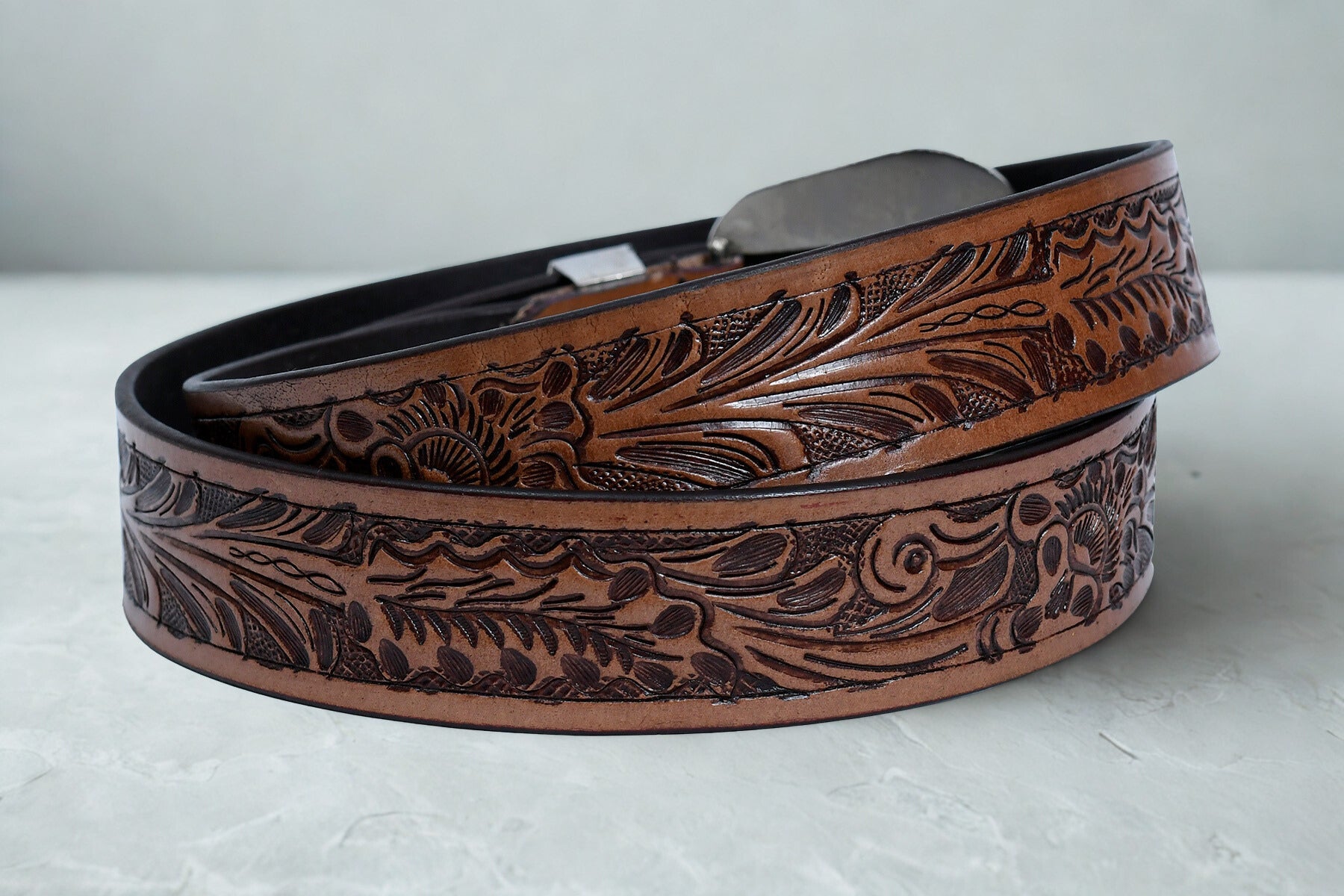 Cedarlof Western Tooled Leather Belt for Men – Genuine Leather with Hand - Carved Floral Design & Antique Silver Black Engraved Buckle - CedarlofCedarlof