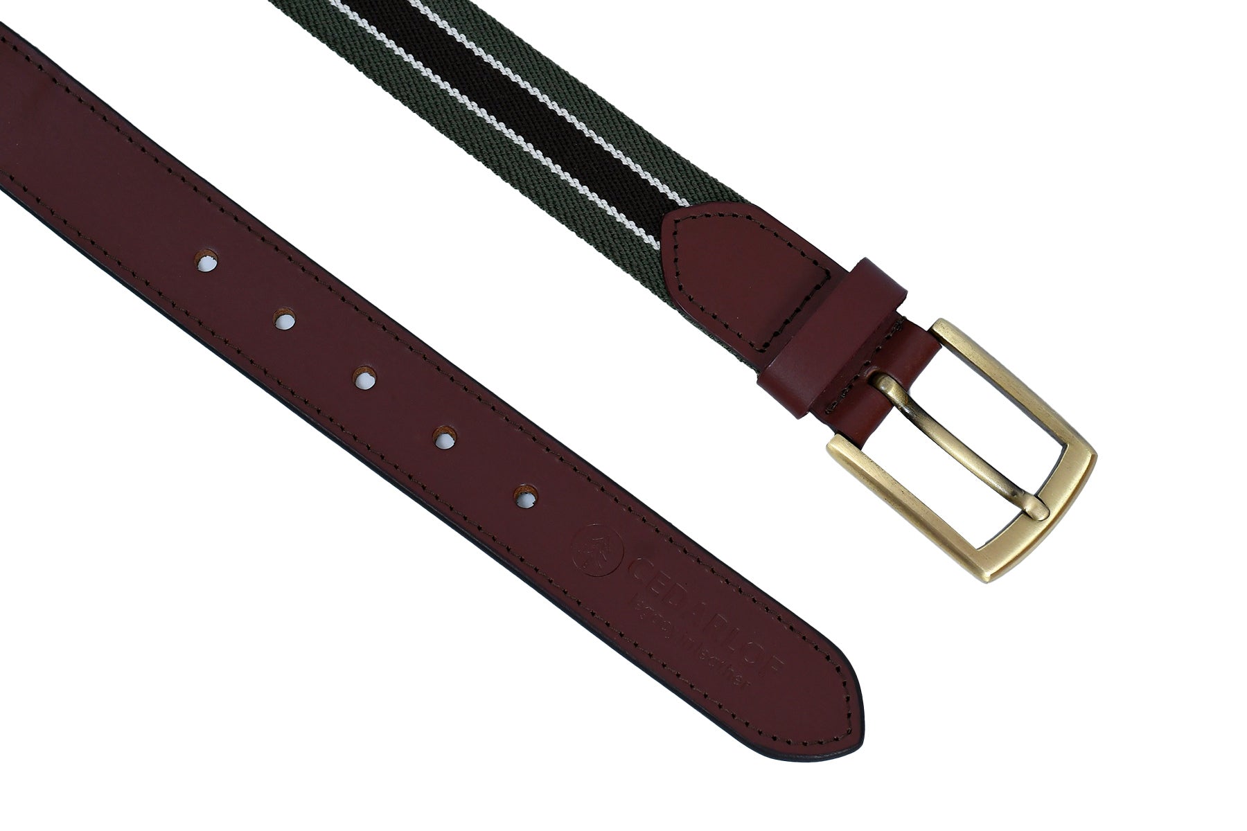 Men’s Canvas Belt with Genuine Leather Trim – Cedarlof Green & White Stripe Brass Buckle Casual Belt - CedarlofCedarlof