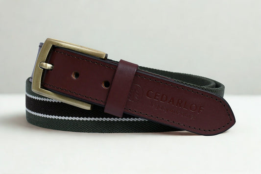 Men’s Canvas Belt with Genuine Leather Trim – Cedarlof Green & White Stripe Brass Buckle Casual Belt - CedarlofCedarlof