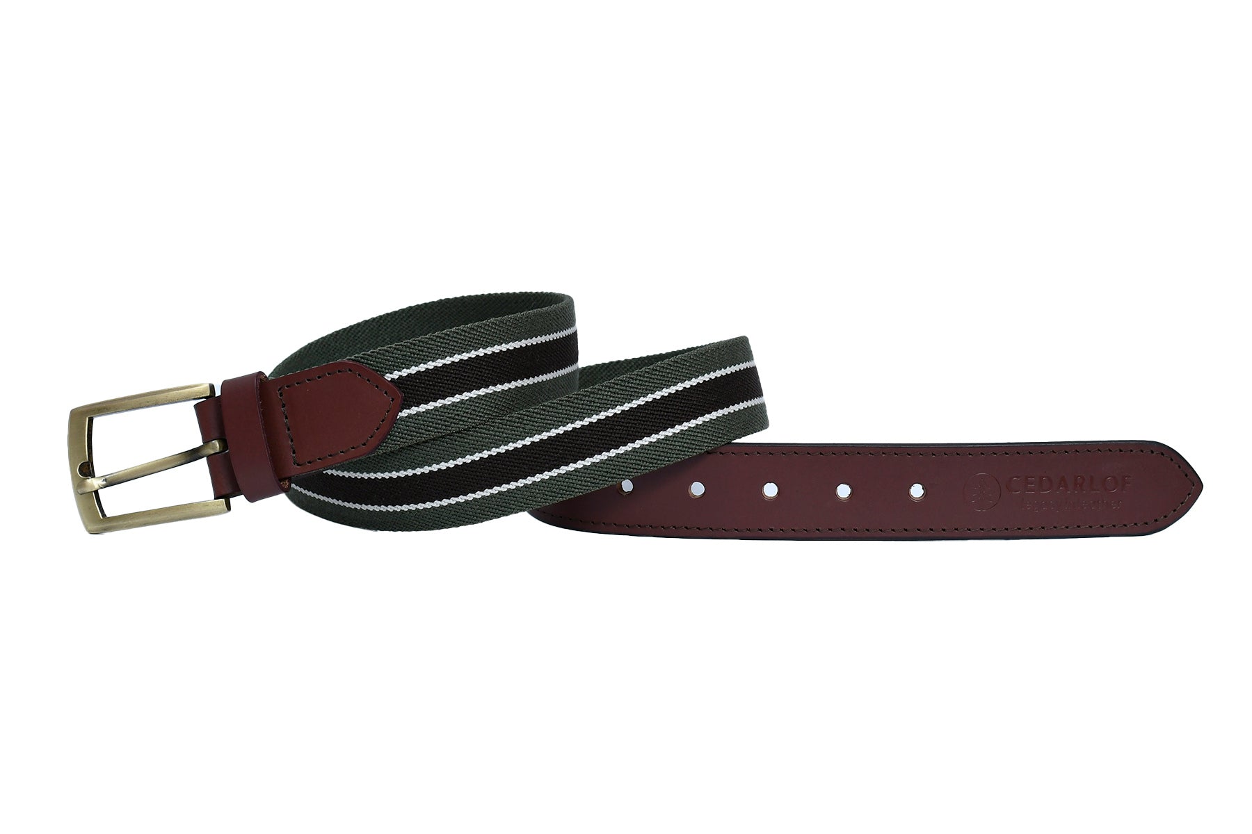 Men’s Canvas Belt with Genuine Leather Trim – Cedarlof Green & White Stripe Brass Buckle Casual Belt - CedarlofCedarlof