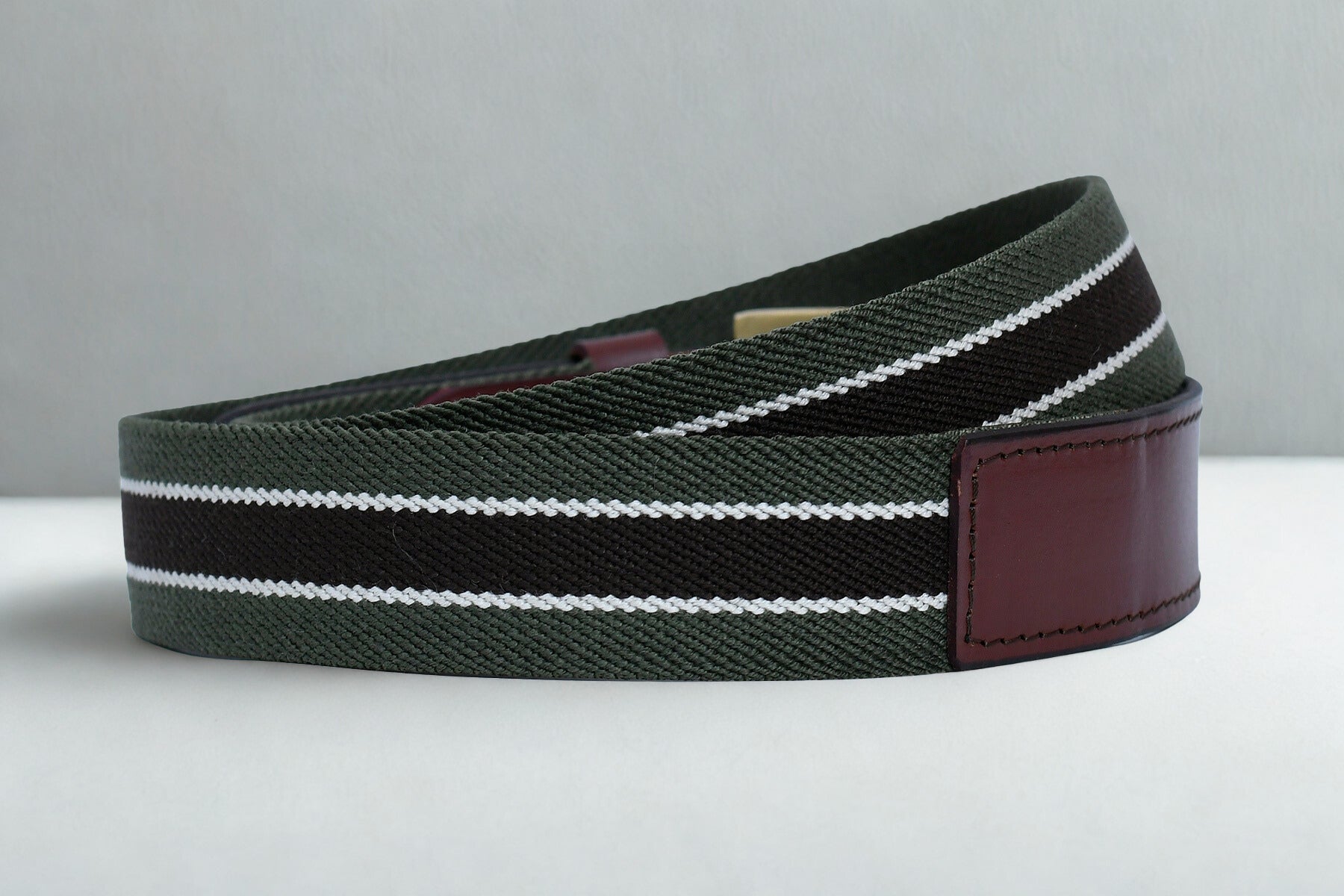 Men’s Canvas Belt with Genuine Leather Trim – Cedarlof Green & White Stripe Brass Buckle Casual Belt - CedarlofCedarlof