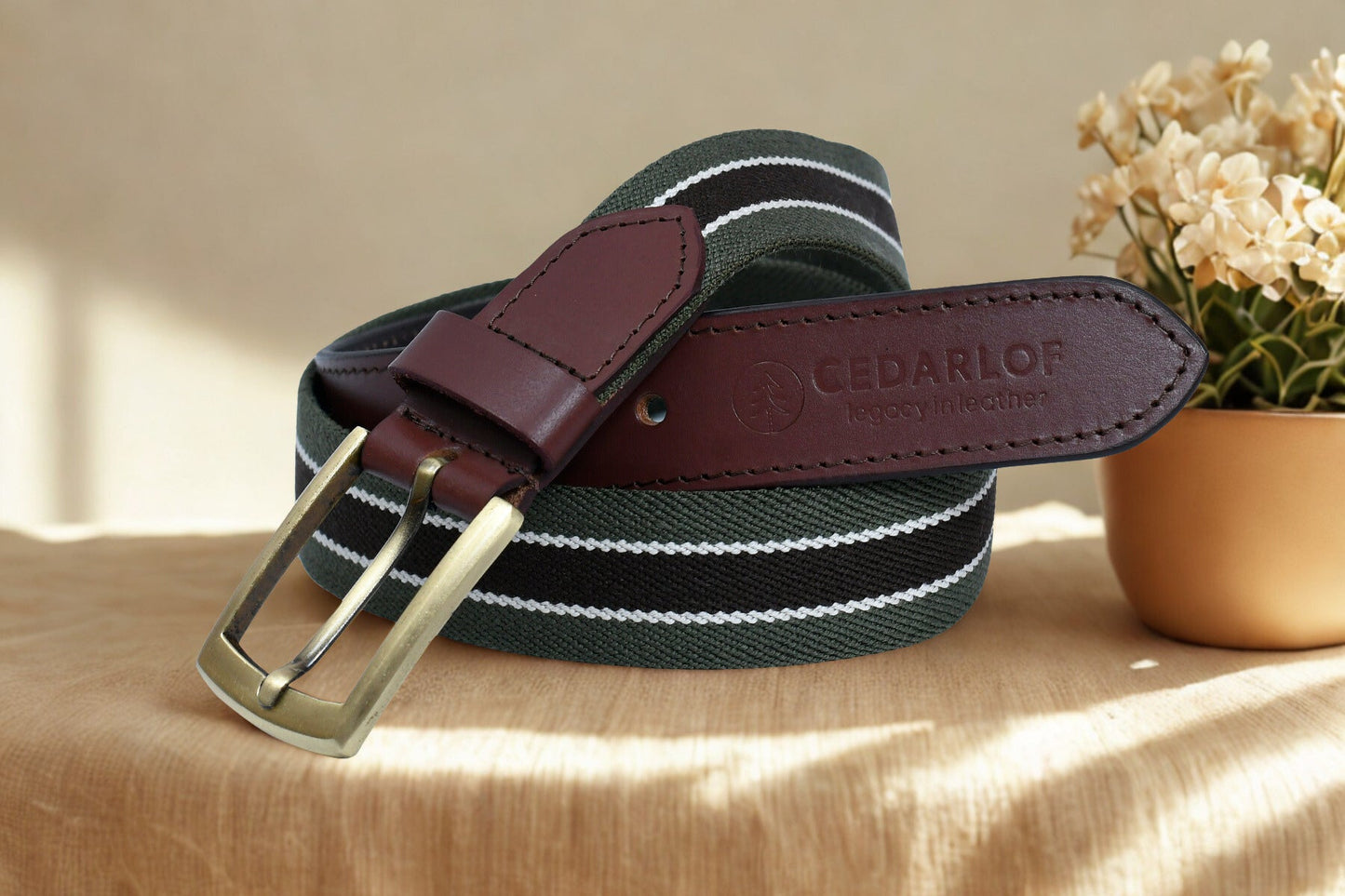 Men’s Canvas Belt with Genuine Leather Trim – Cedarlof Green & White Stripe Brass Buckle Casual Belt - CedarlofCedarlof