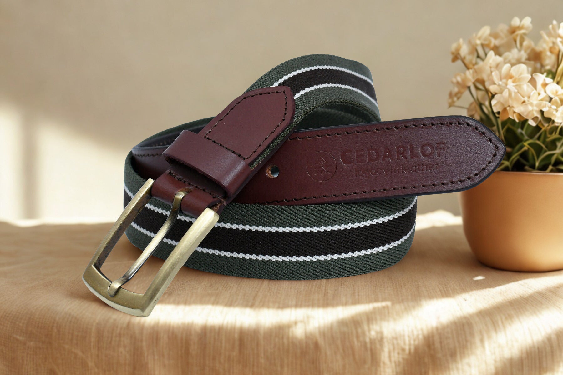 Men’s Canvas Belt with Genuine Leather Trim – Cedarlof Green & White Stripe Brass Buckle Casual Belt - CedarlofCedarlof