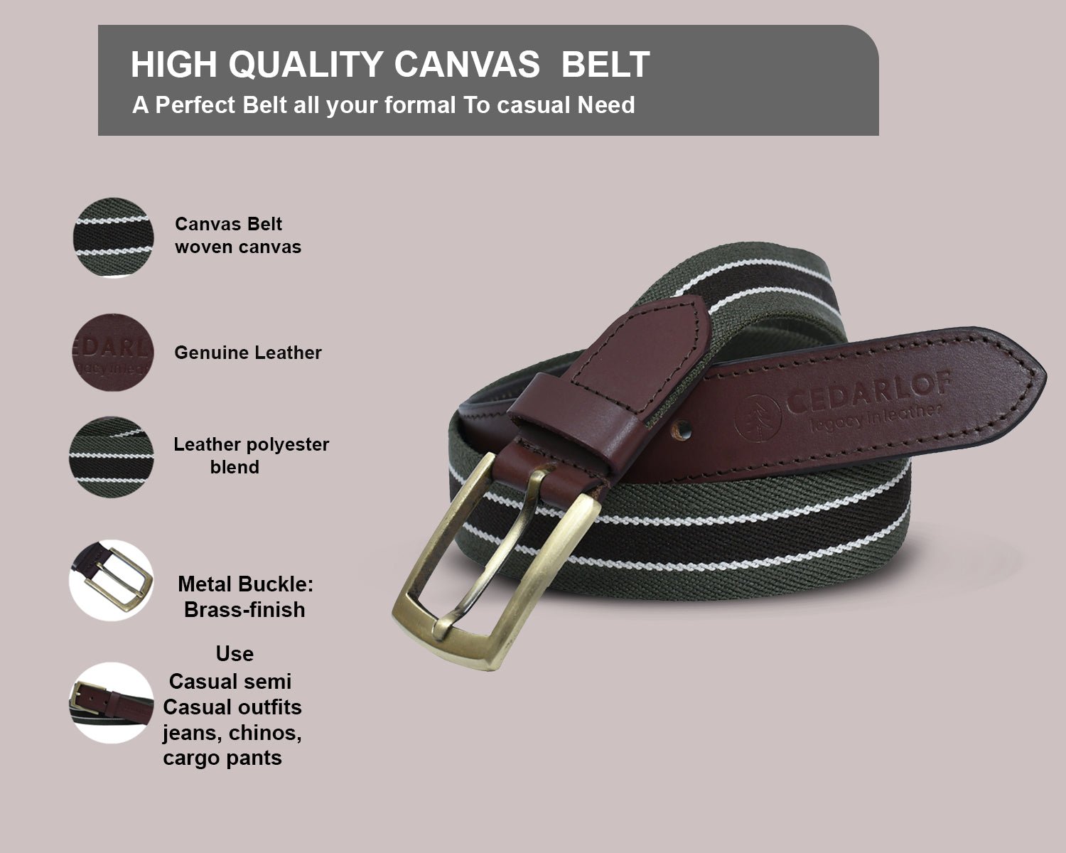 Men’s Canvas Belt with Genuine Leather Trim – Cedarlof Green & White Stripe Brass Buckle Casual Belt - CedarlofCedarlof